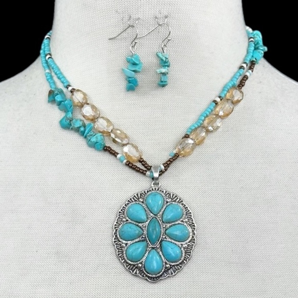 Turquoise Stone Beaded Concho Pendant Necklace Earrings Set